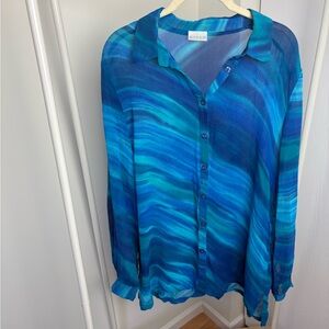 Vibrant Blue and Green Sheer Button-Up